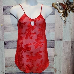 Anne Stuart Sz S Vintage Red Sheer Floral Nightie Gown Sleepwear Chemise 524